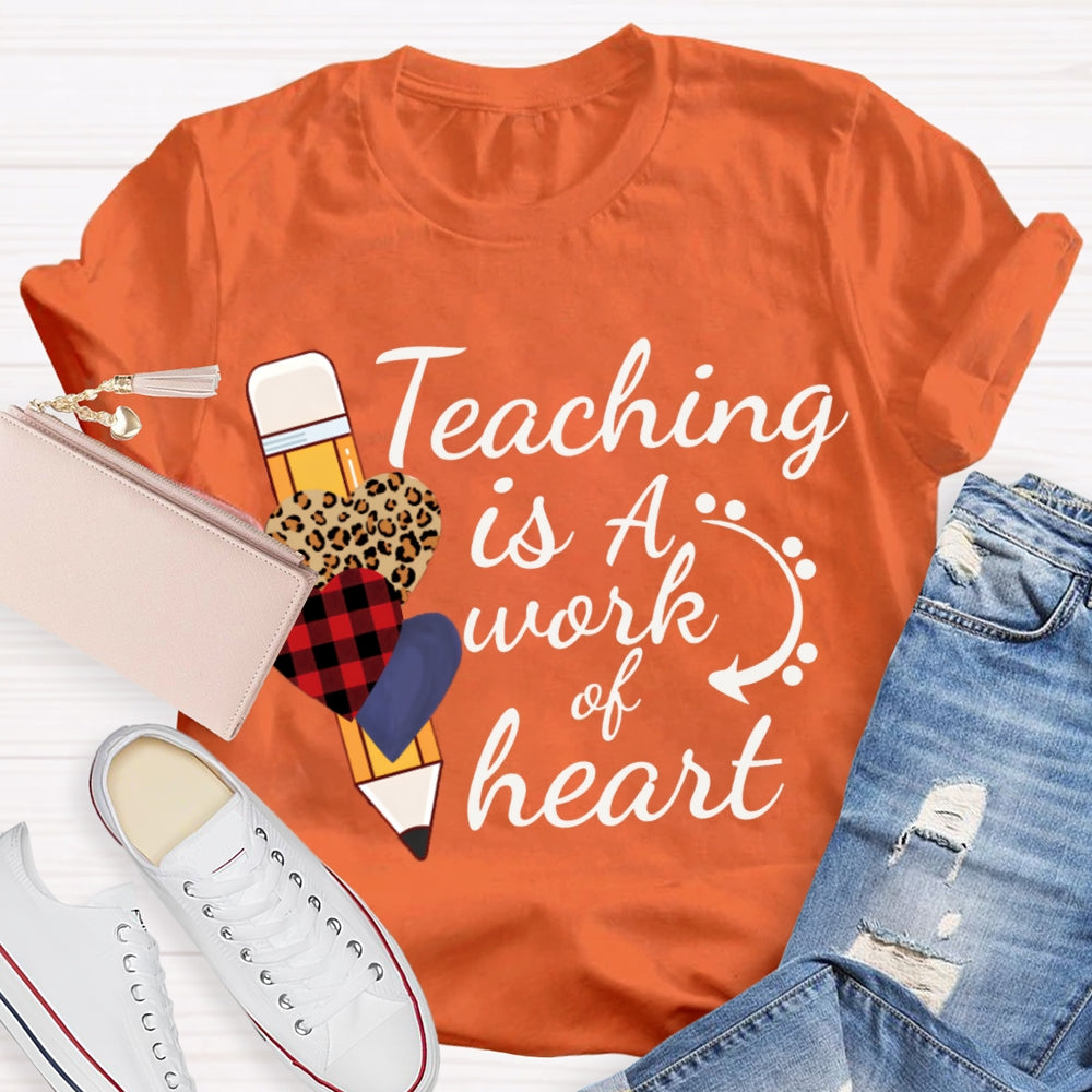 Teaching Is A Work Of Heart Leopard Print Heart Pencil T-shirt