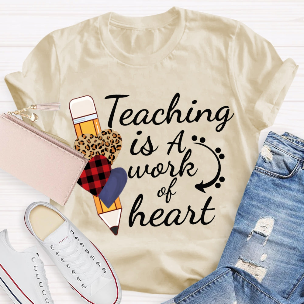 Teaching Is A Work Of Heart Leopard Print Heart Pencil T-shirt