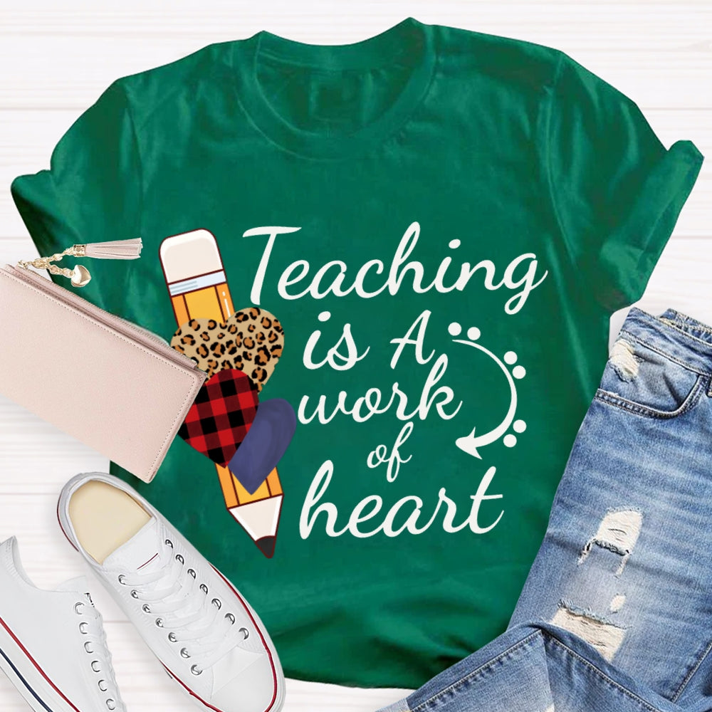 Teaching Is A Work Of Heart Leopard Print Heart Pencil T-shirt