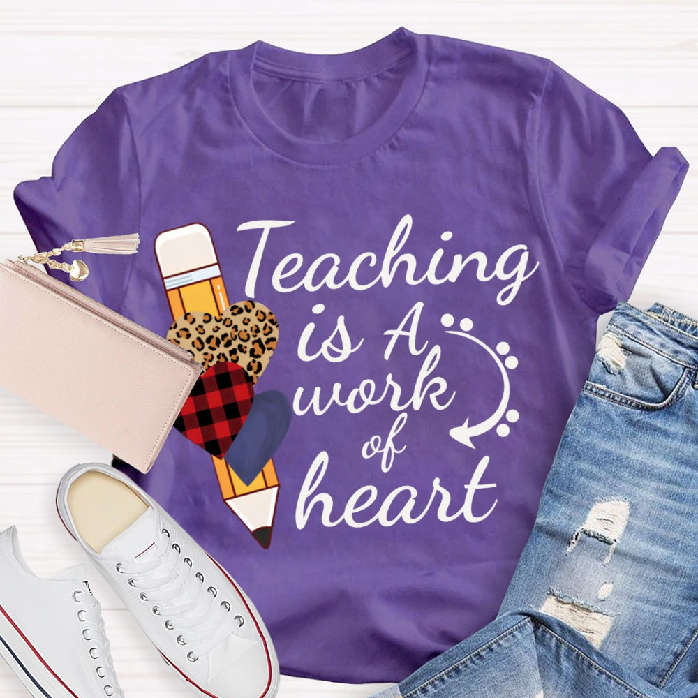 Teaching Is A Work Of Heart Leopard Print Heart Pencil T-shirt