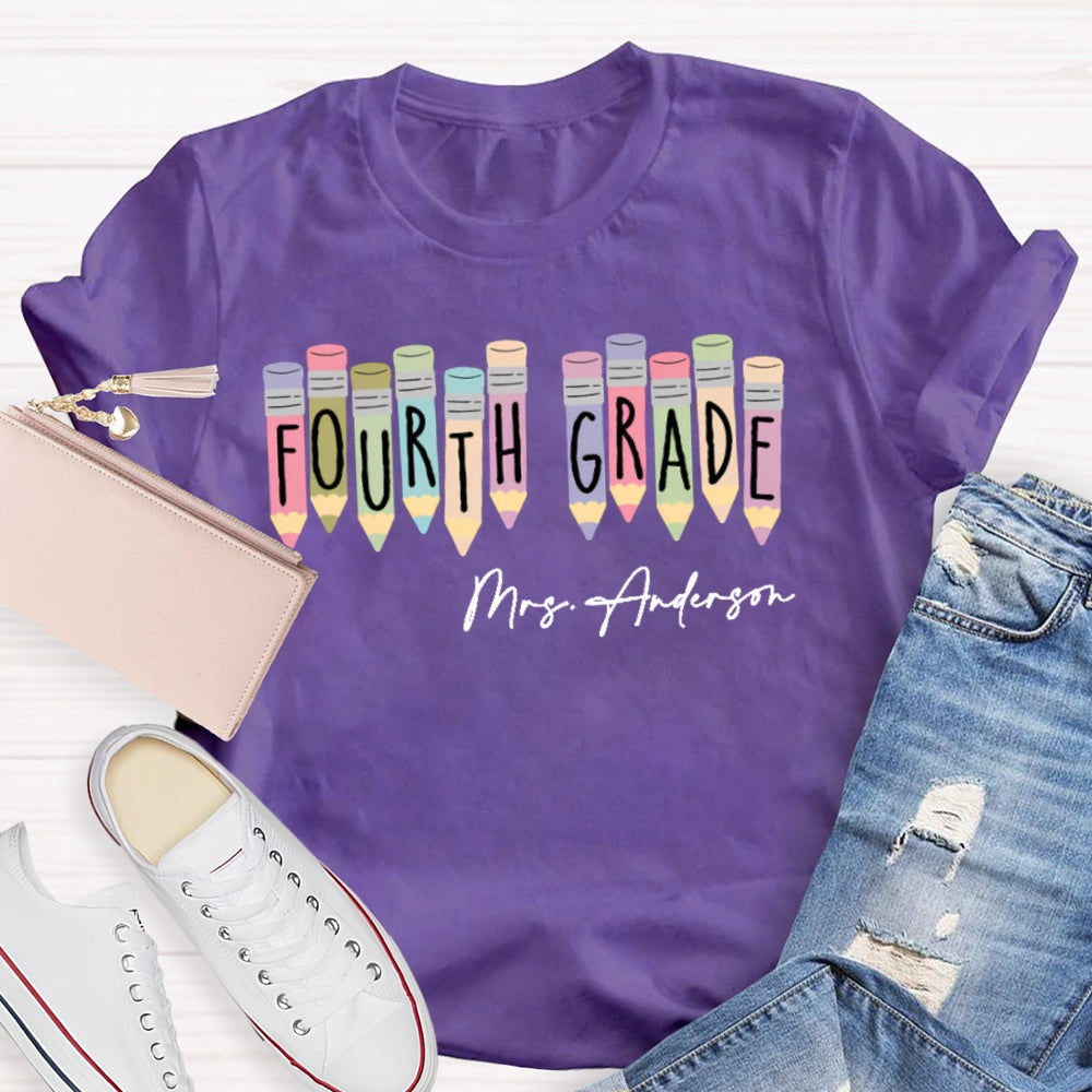 Personalized Name And Grade Fourth Grade Colored Crayons T-shirt