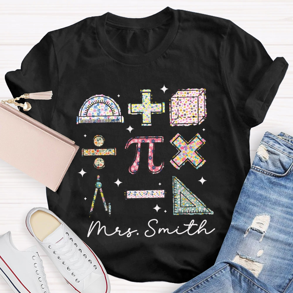 Personalized Name Colorful Tie-Dye Pattern Print Math Teacher T-shirt