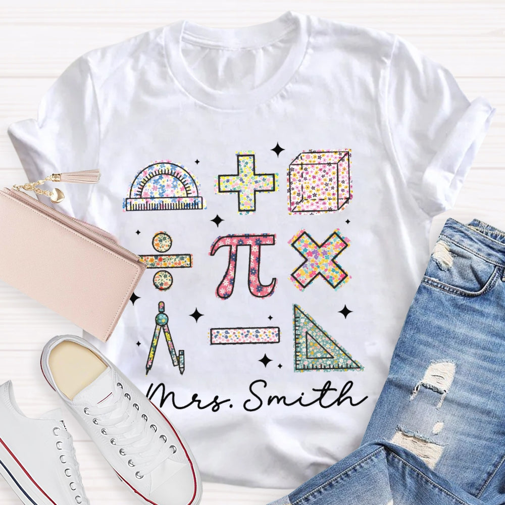 Personalized Name Colorful Tie-Dye Pattern Print Math Teacher T-shirt