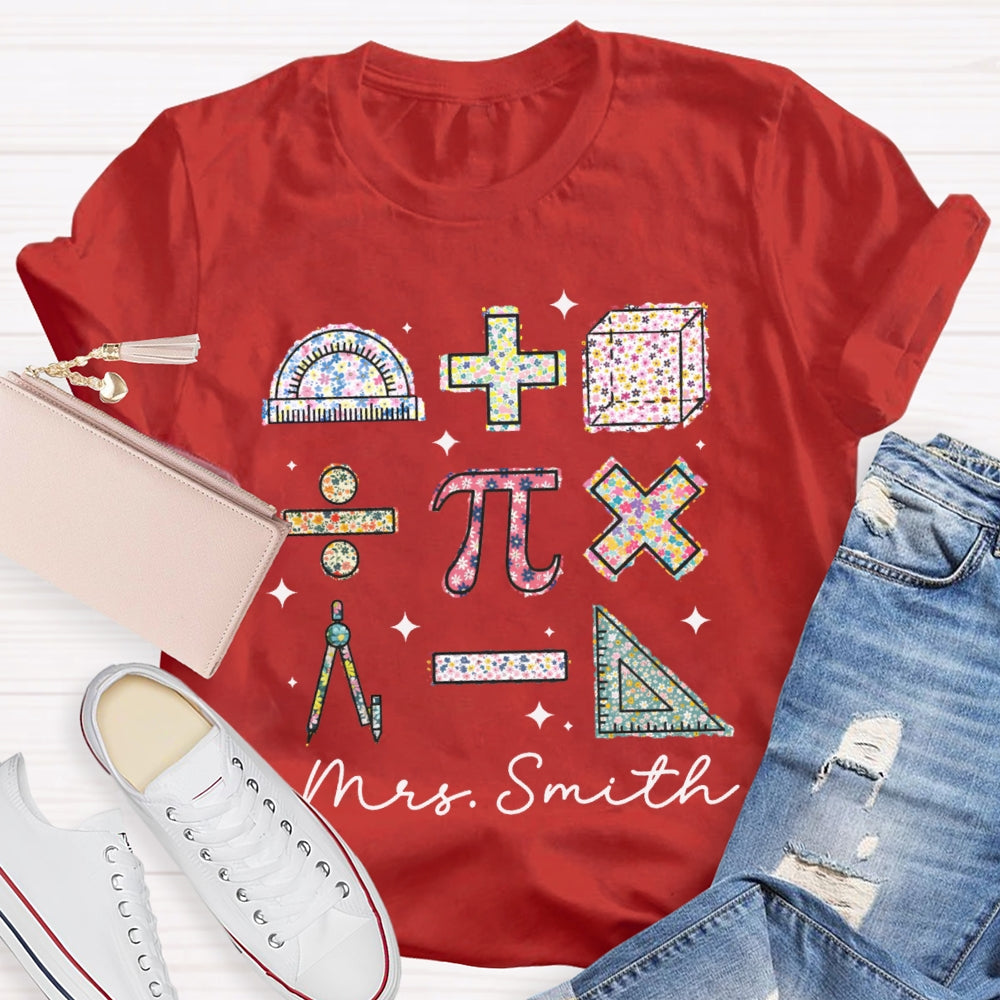 Personalized Name Colorful Tie-Dye Pattern Print Math Teacher T-shirt