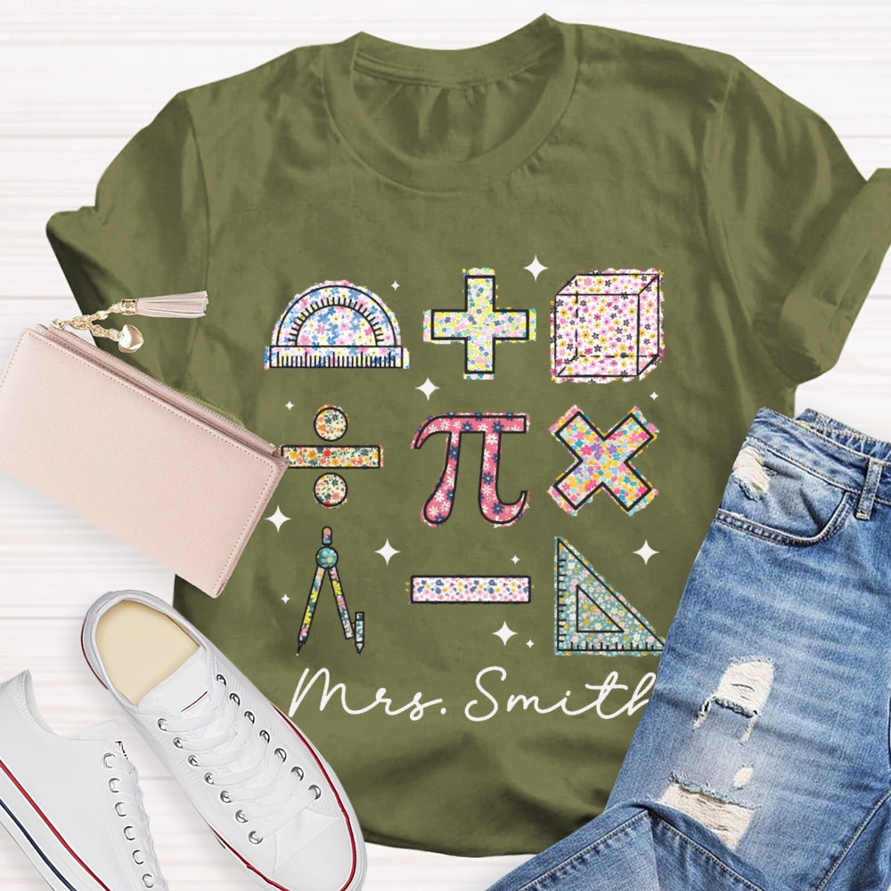 Personalized Name Colorful Tie-Dye Pattern Print Math Teacher T-shirt