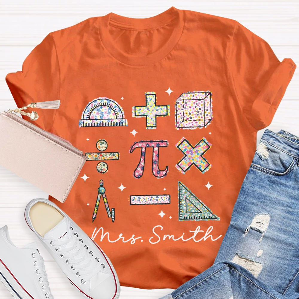 Personalized Name Colorful Tie-Dye Pattern Print Math Teacher T-shirt