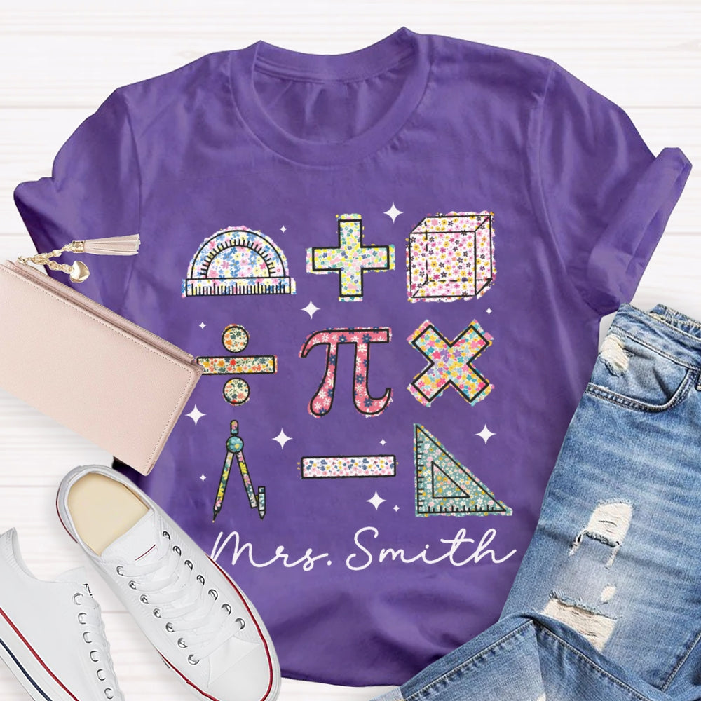Personalized Name Colorful Tie-Dye Pattern Print Math Teacher T-shirt
