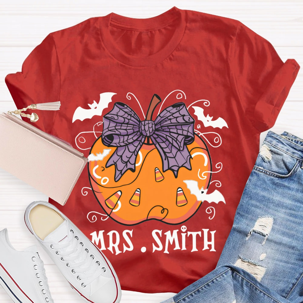 Personalized Name Purple Bow And Pumpkin Bat Halloween T-shirt