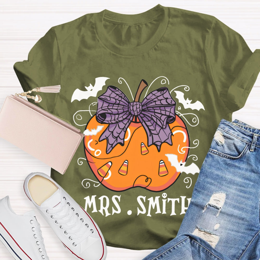 Personalized Name Purple Bow And Pumpkin Bat Halloween T-shirt