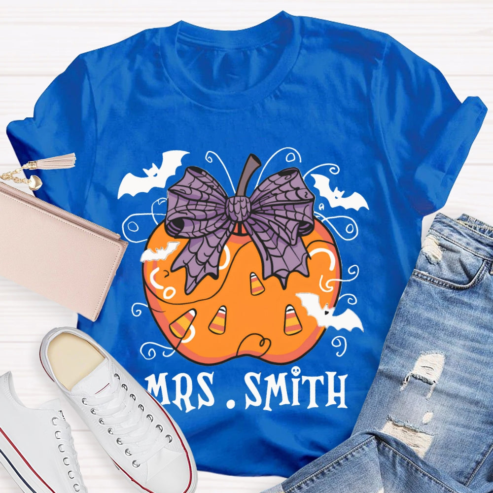 Personalized Name Purple Bow And Pumpkin Bat Halloween T-shirt