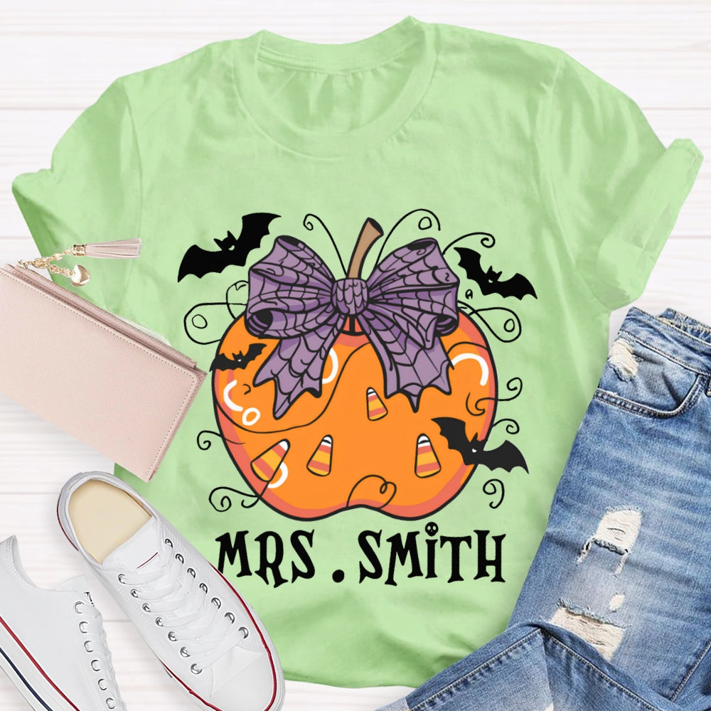 Personalized Name Purple Bow And Pumpkin Bat Halloween T-shirt