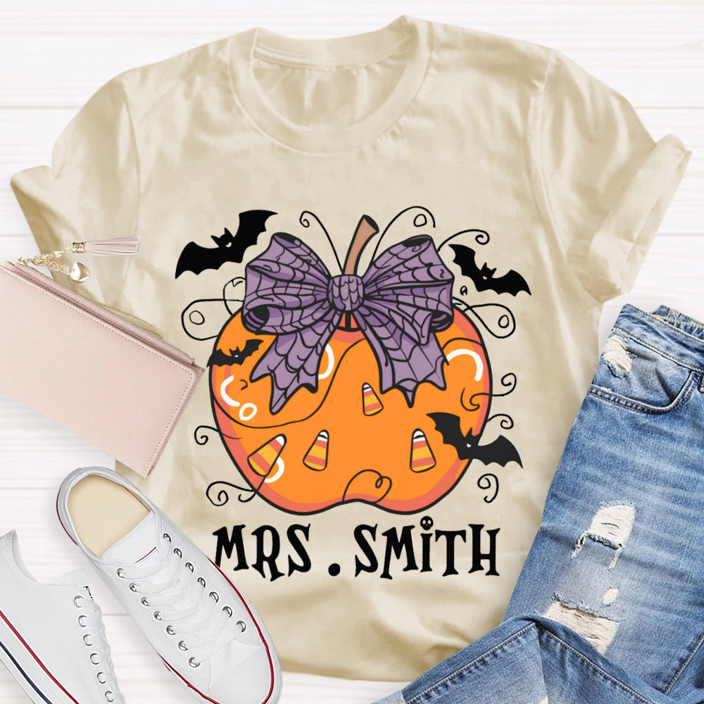 Personalized Name Purple Bow And Pumpkin Bat Halloween T-shirt