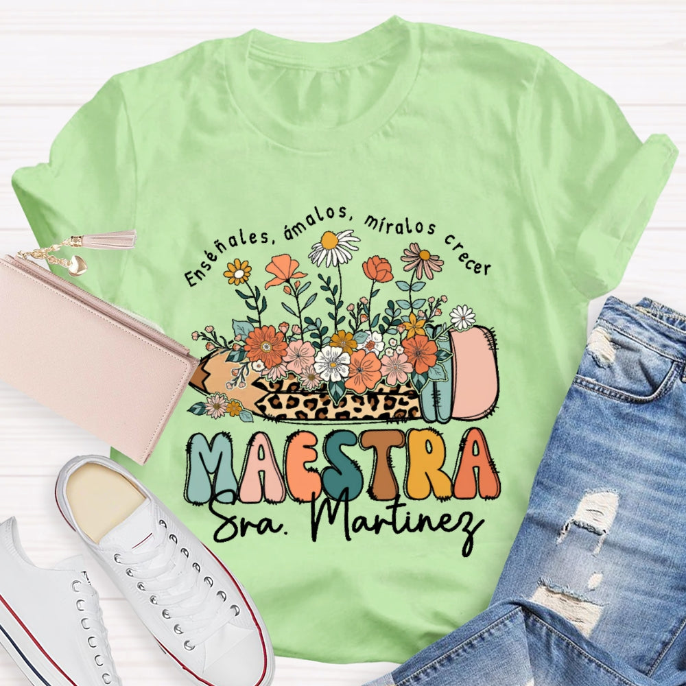 Personalized Name Maestra Leopard Print Pencil T-shirt