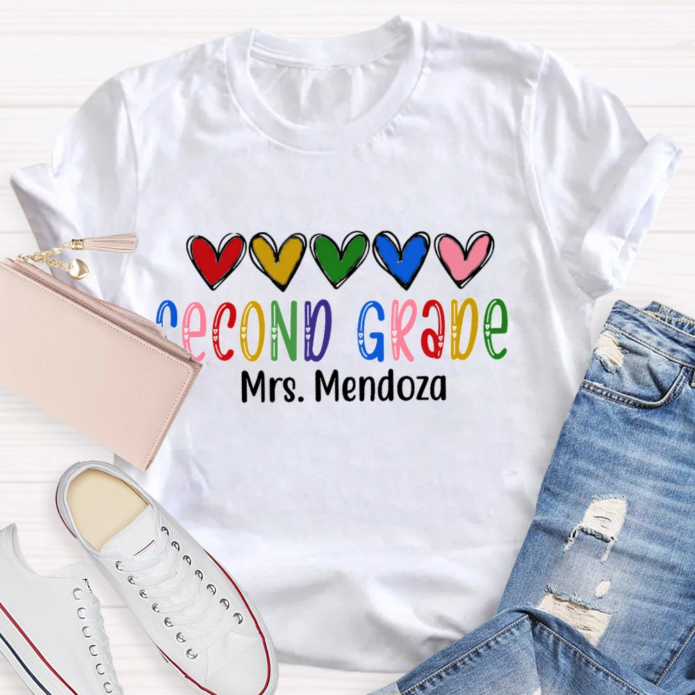 Personalized Name And Grade Second Grade Colorful Hearts And Fonts T-shirt
