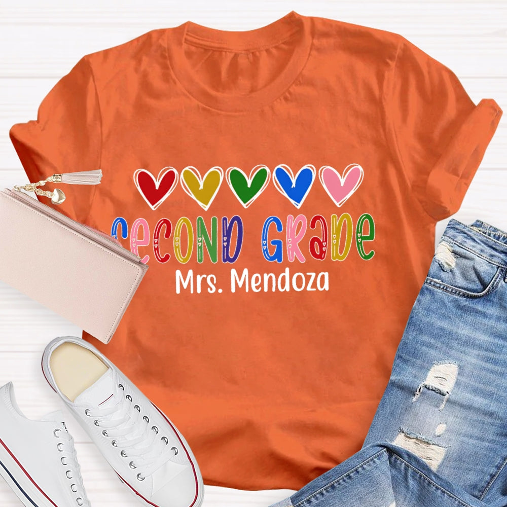 Personalized Name And Grade Second Grade Colorful Hearts And Fonts T-shirt