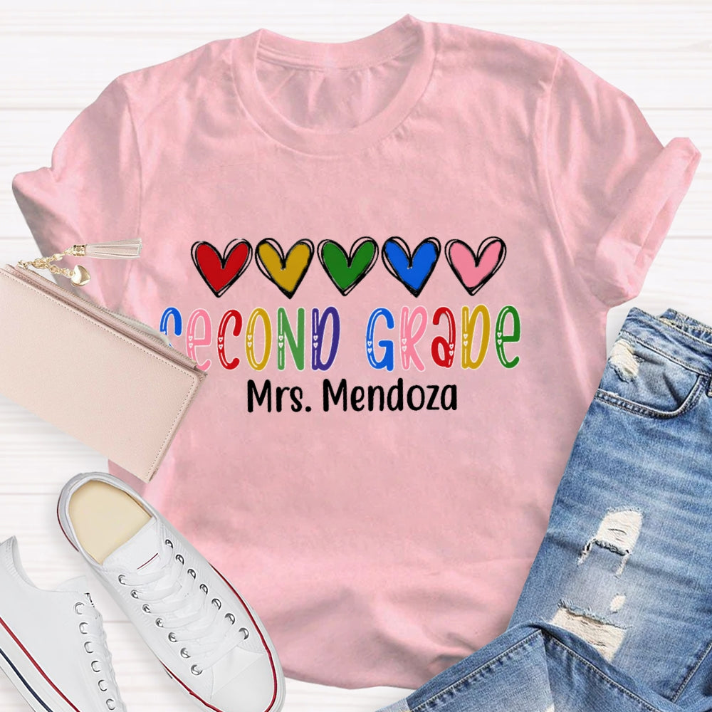 Personalized Name And Grade Second Grade Colorful Hearts And Fonts T-shirt