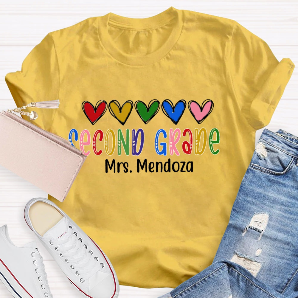 Personalized Name And Grade Second Grade Colorful Hearts And Fonts T-shirt