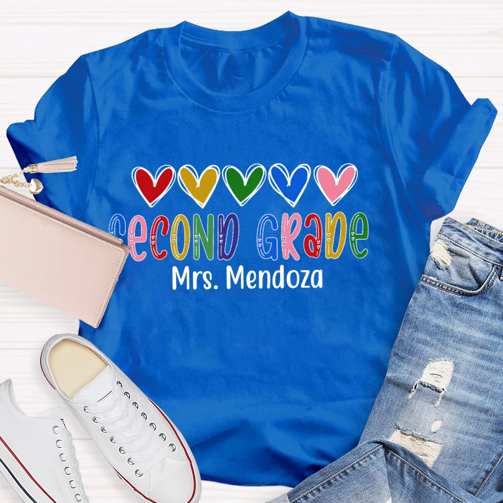 Personalized Name And Grade Second Grade Colorful Hearts And Fonts T-shirt