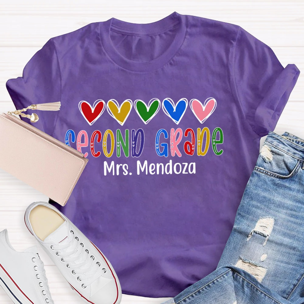 Personalized Name And Grade Second Grade Colorful Hearts And Fonts T-shirt