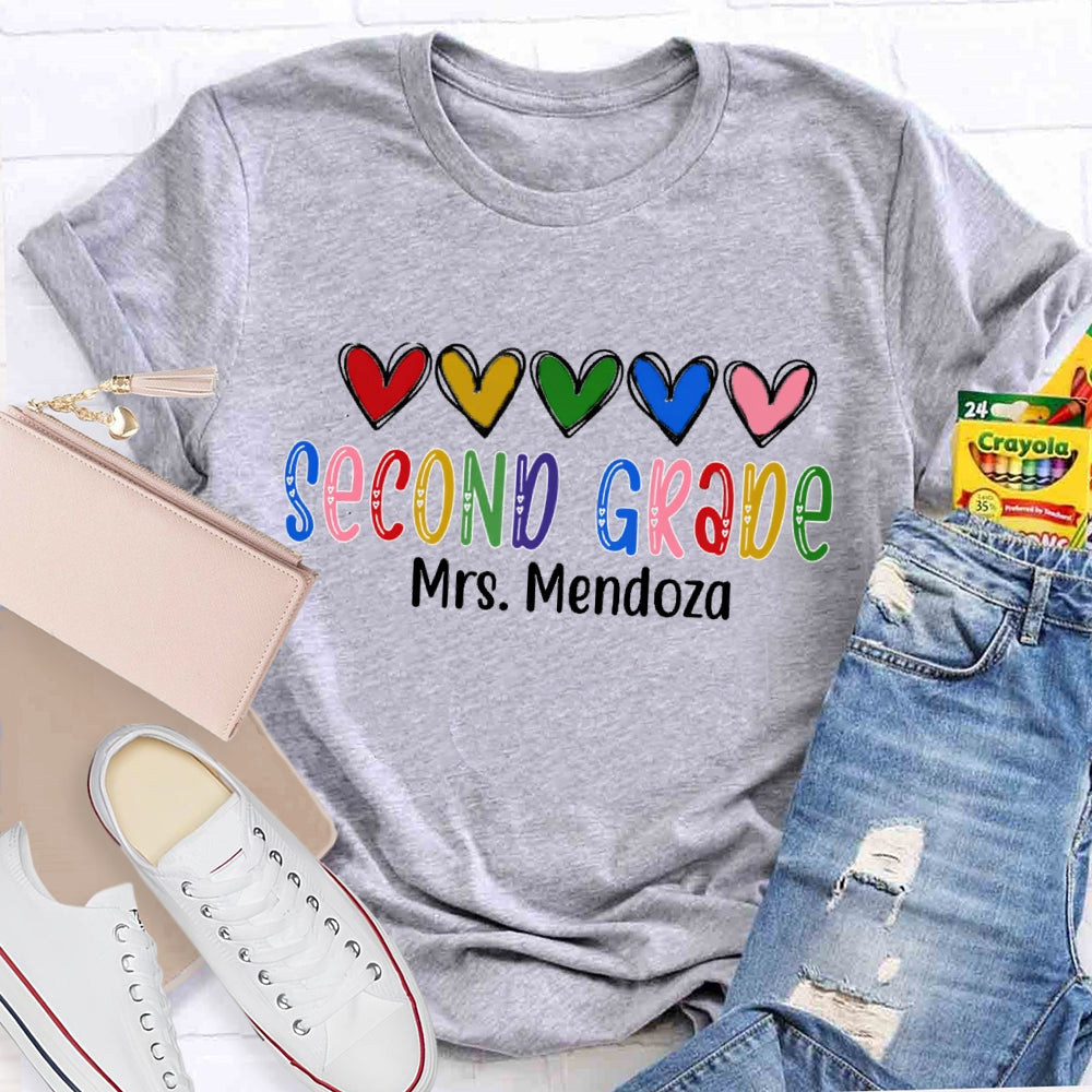 Personalized Name And Grade Second Grade Colorful Hearts And Fonts T-shirt