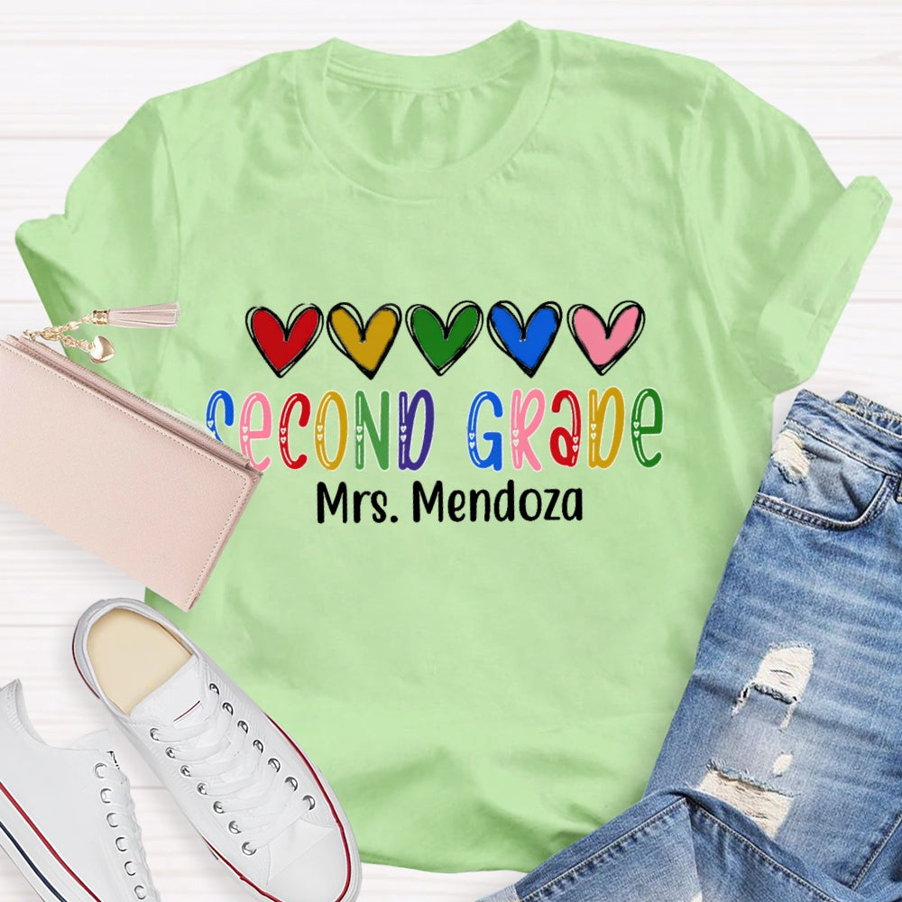 Personalized Name And Grade Second Grade Colorful Hearts And Fonts T-shirt