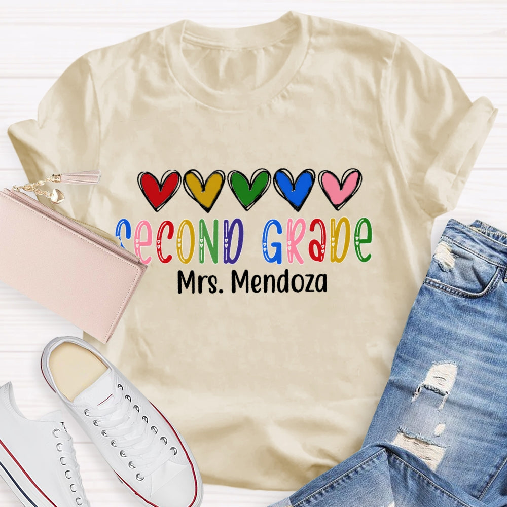 Personalized Name And Grade Second Grade Colorful Hearts And Fonts T-shirt