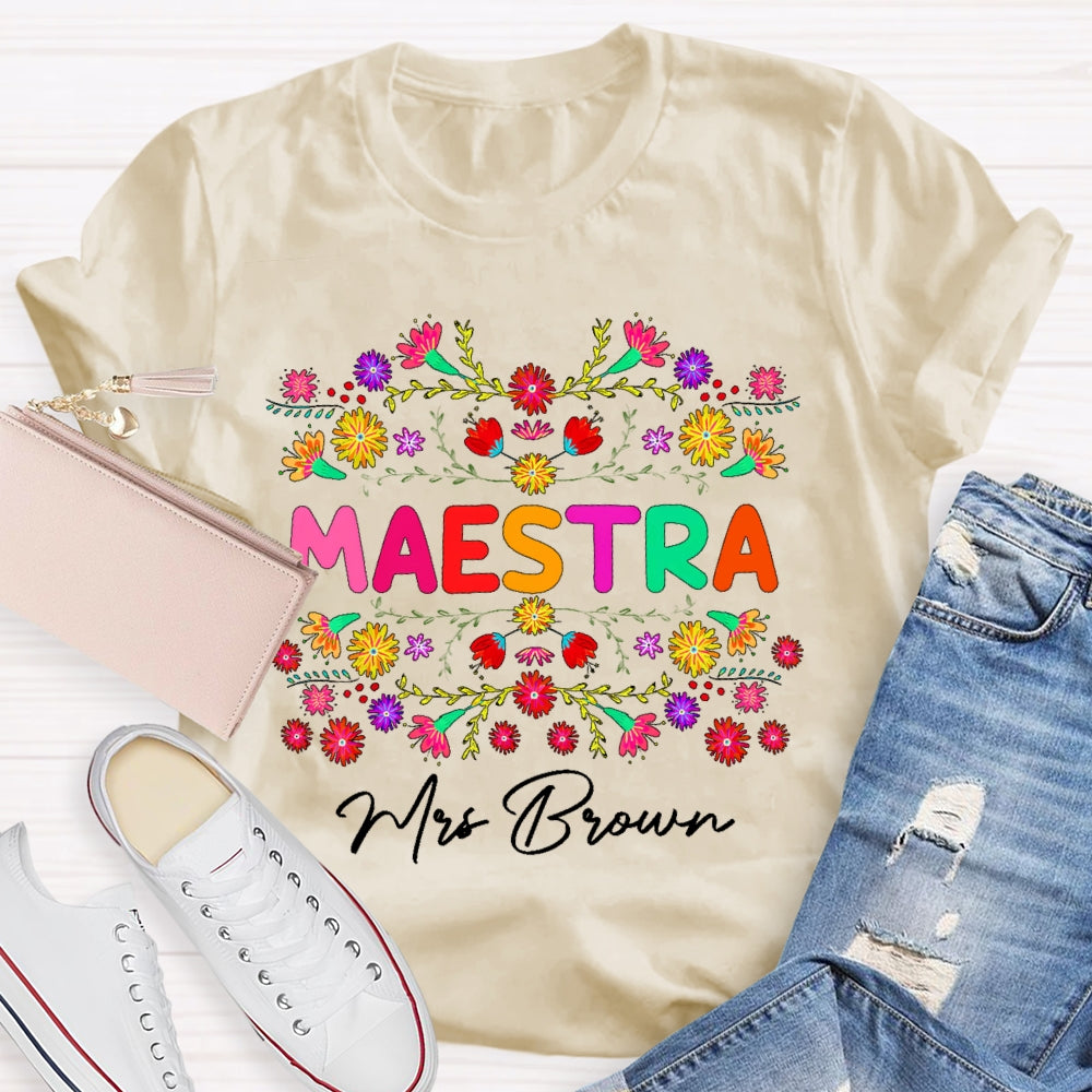 Personalized Name Maestra Colorful Flowers T-shirt
