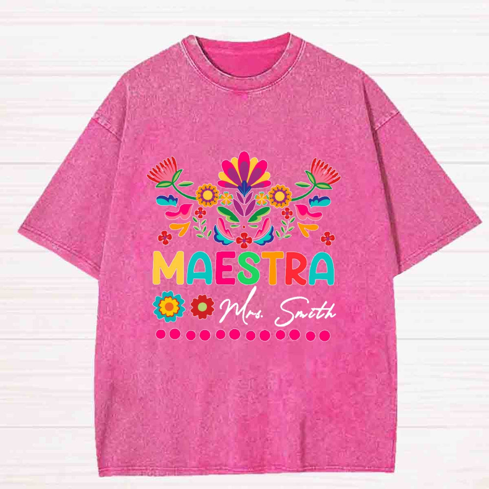 Personalized name Maestra Flowers Printing Washed T-shirt