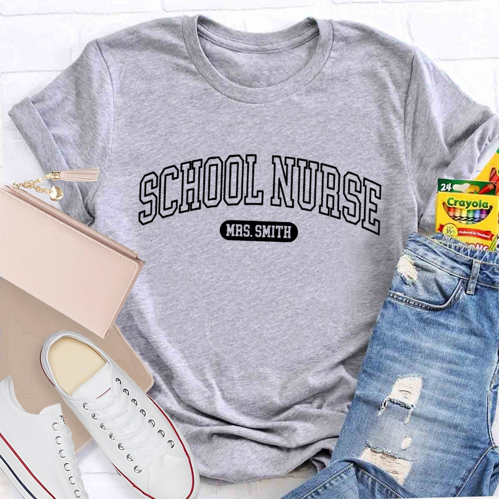 Personalized Name School Nurse Minimalist letters T-shirt