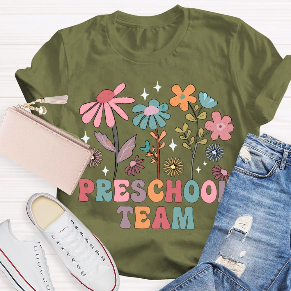 Personalized Grade Preschool Team Colorful Flowers T-shirt
