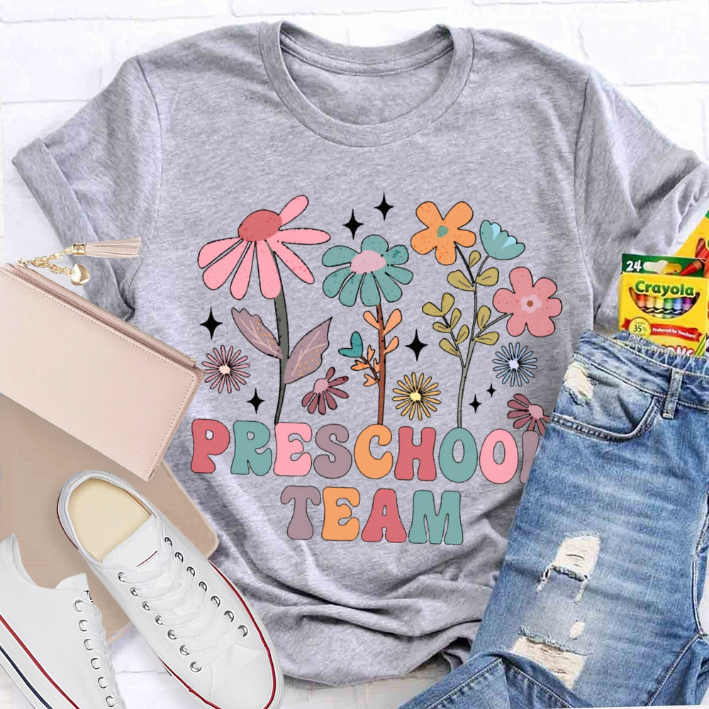 Personalized Grade Preschool Team Colorful Flowers T-shirt