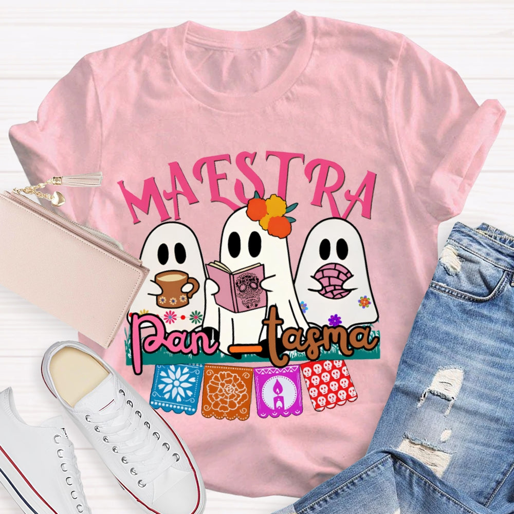 Maestra Three Cute Ghosts Funny Halloween Bilingual Teacher T-shirt