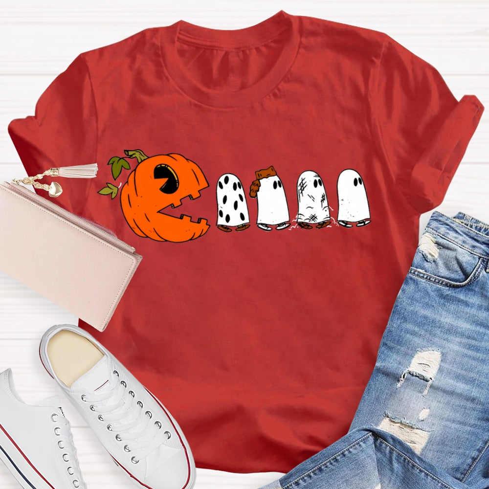 Pumpkin And Four Cute Ghosts Funny Halloween T-shirt