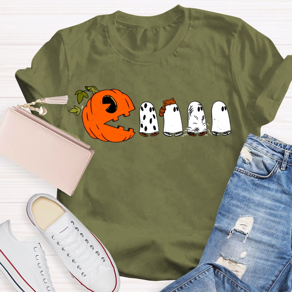 Pumpkin And Four Cute Ghosts Funny Halloween T-shirt