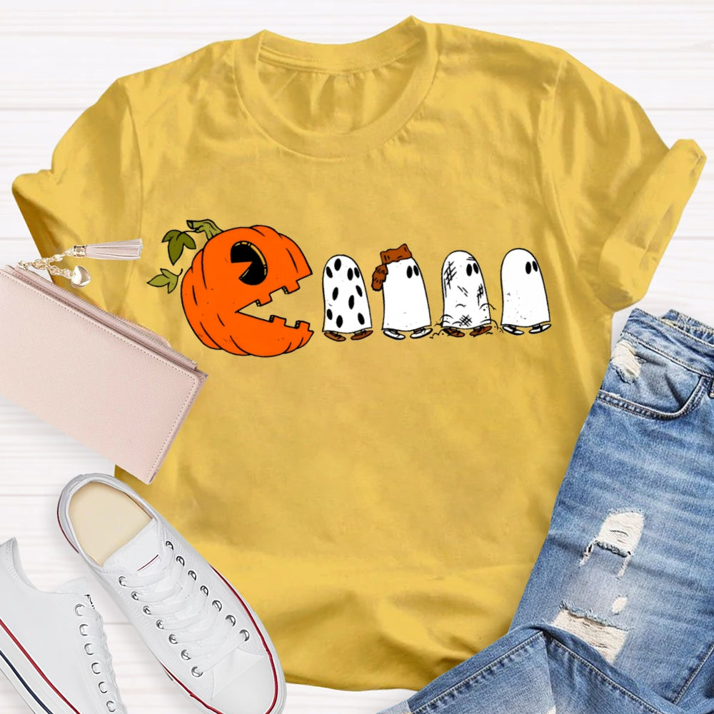 Pumpkin And Four Cute Ghosts Funny Halloween T-shirt