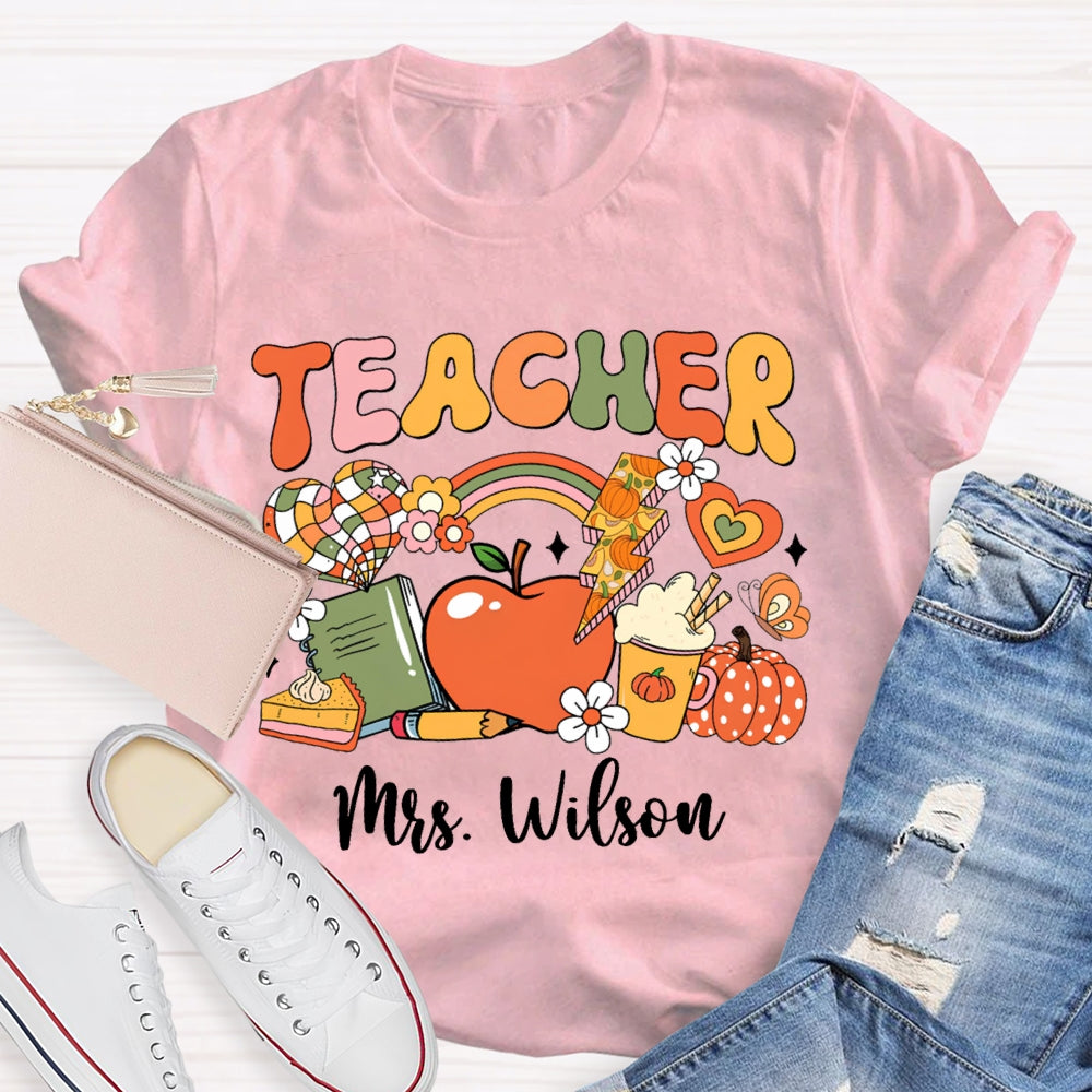 Personalized Name Colorful Fonts Small Flowers And Pumpkins Halloween T-shirt