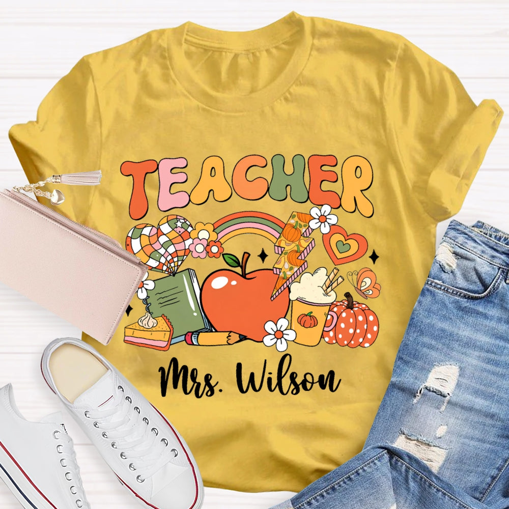 Personalized Name Colorful Fonts Small Flowers And Pumpkins Halloween T-shirt
