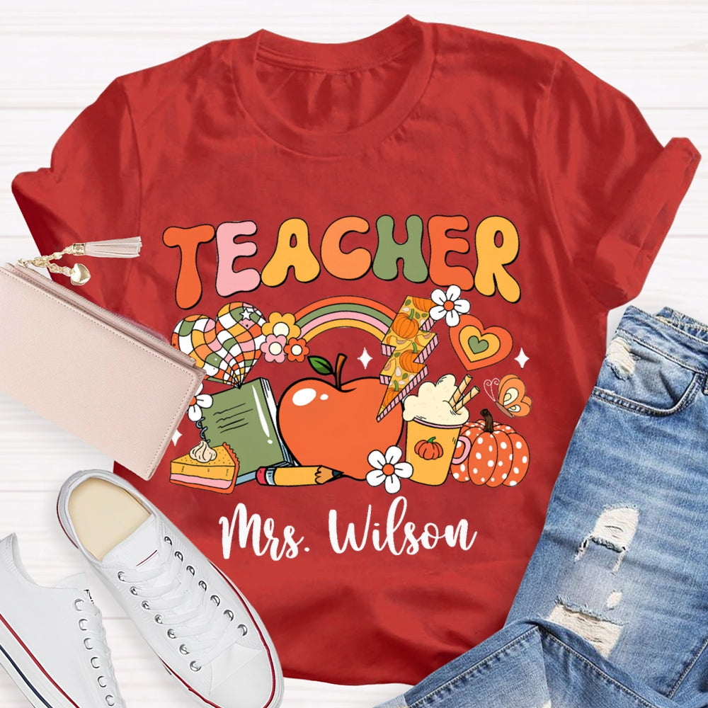 Personalized Name Colorful Fonts Small Flowers And Pumpkins Halloween T-shirt