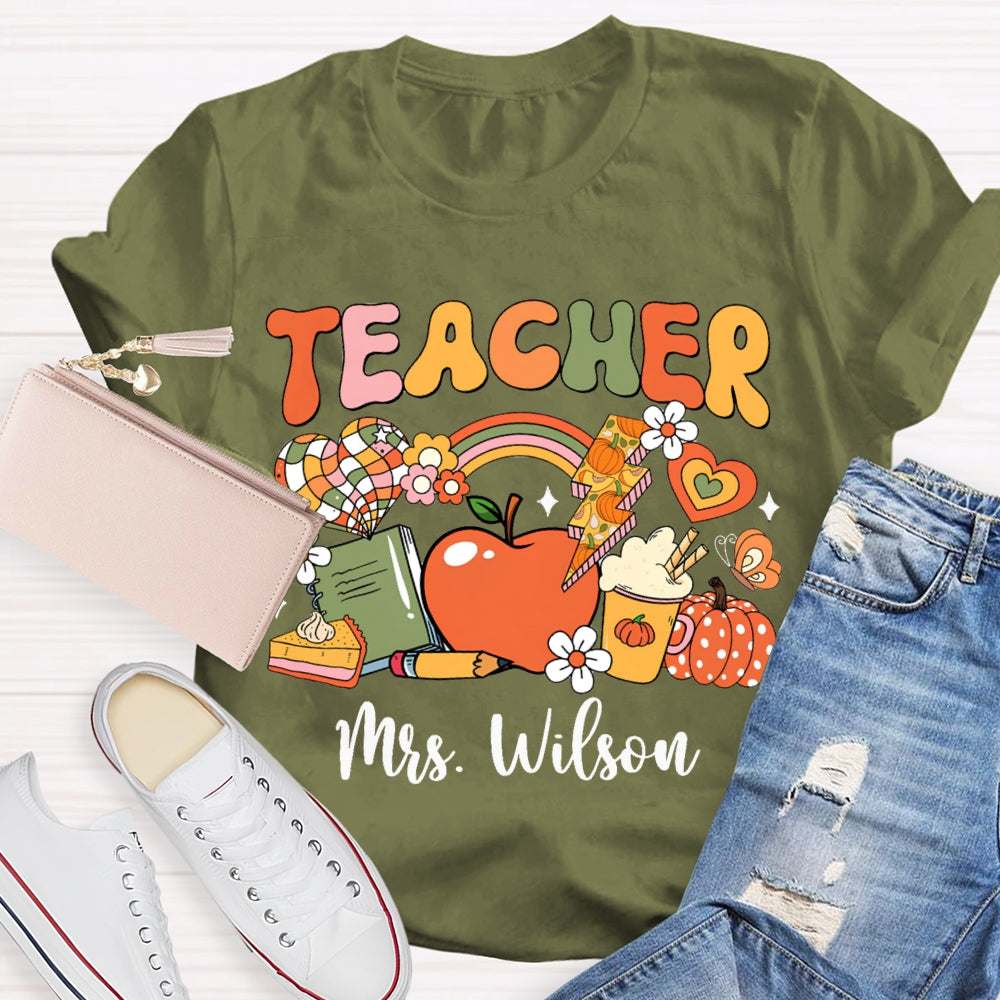 Personalized Name Colorful Fonts Small Flowers And Pumpkins Halloween T-shirt