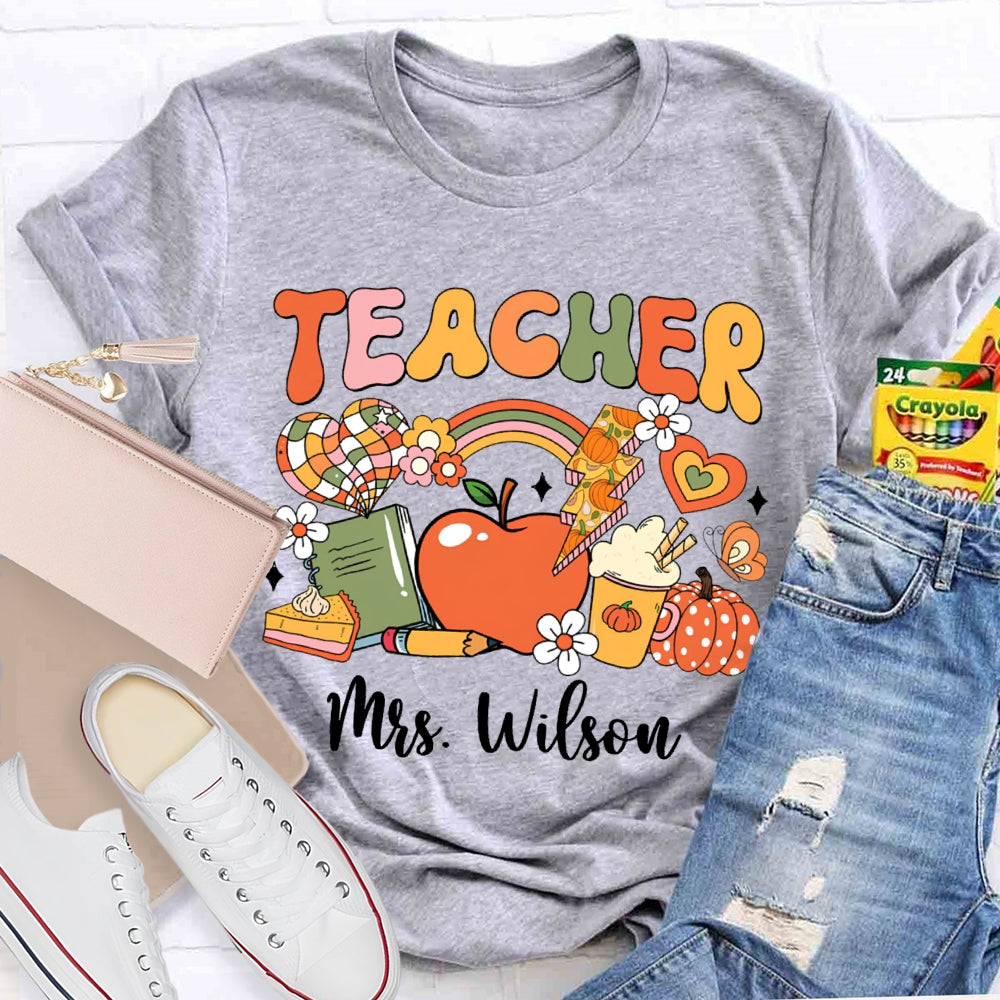 Personalized Name Colorful Fonts Small Flowers And Pumpkins Halloween T-shirt