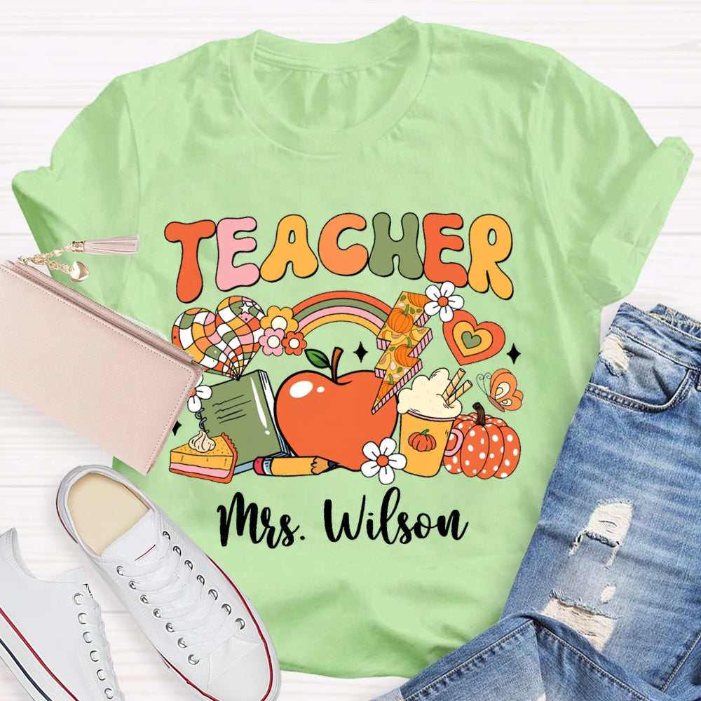 Personalized Name Colorful Fonts Small Flowers And Pumpkins Halloween T-shirt