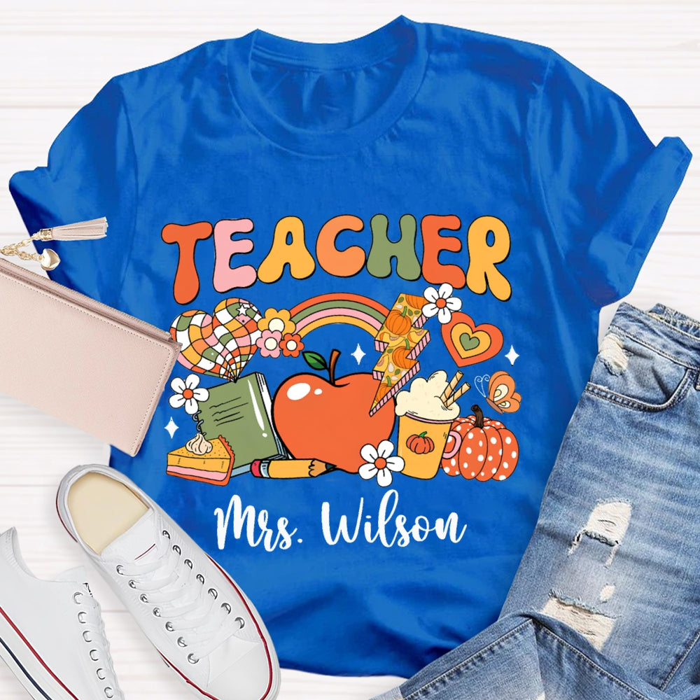 Personalized Name Colorful Fonts Small Flowers And Pumpkins Halloween T-shirt