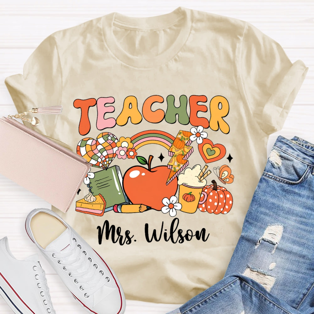 Personalized Name Colorful Fonts Small Flowers And Pumpkins Halloween T-shirt