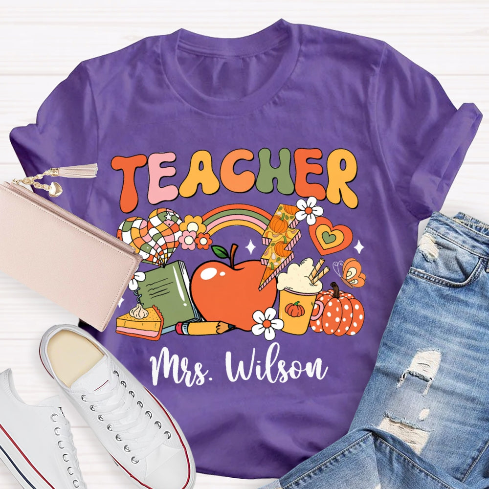 Personalized Name Colorful Fonts Small Flowers And Pumpkins Halloween T-shirt