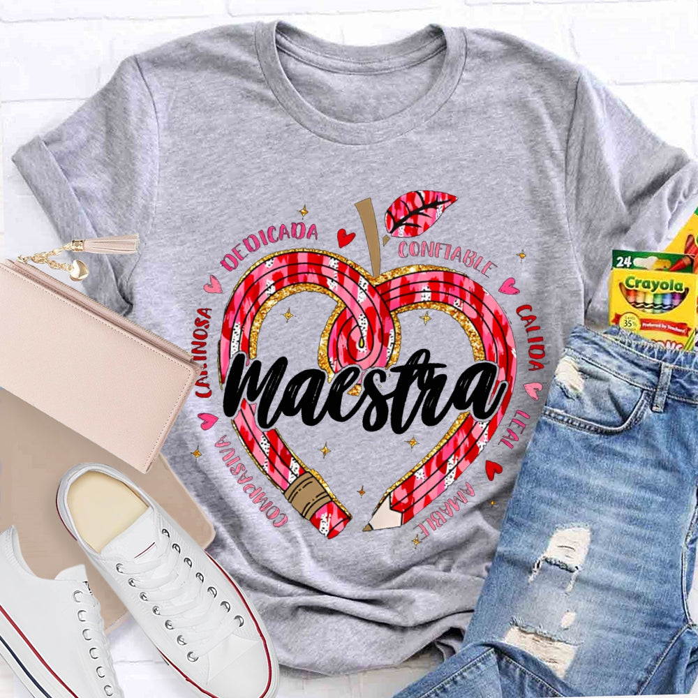 Maestra Teacher Colorful Heart Print Bilingual Teacher T-shirt