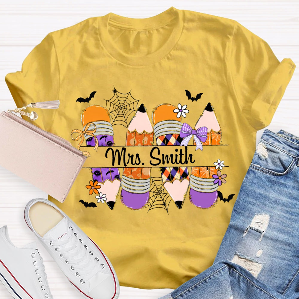 Personalized Name Colored Pencils And Little Bats Funny Halloween T-shirt