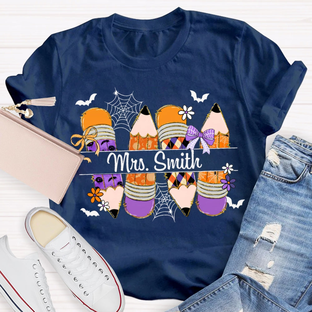Personalized Name Colored Pencils And Little Bats Funny Halloween T-shirt