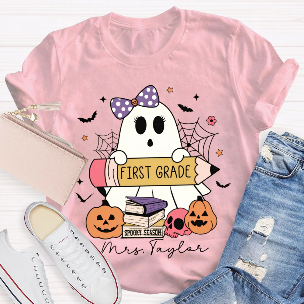 Personalized Name And Grade First Grade Cute Ghost Holding A Pencil Halloween T-shirt