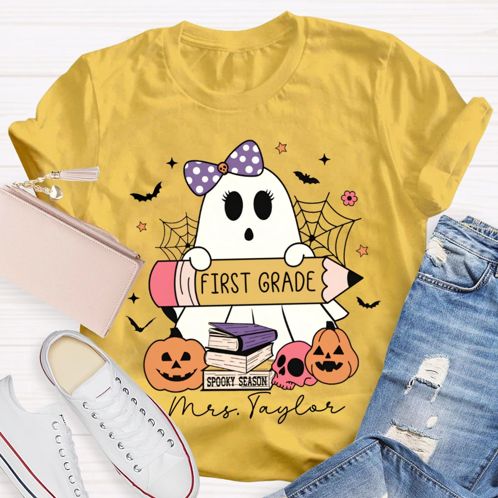 Personalized Name And Grade First Grade Cute Ghost Holding A Pencil Halloween T-shirt