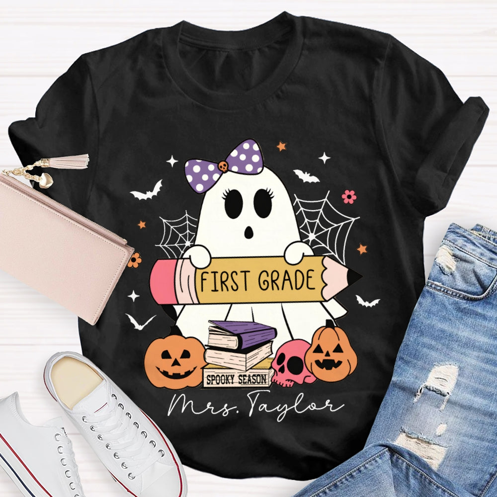 Personalized Name And Grade First Grade Cute Ghost Holding A Pencil Halloween T-shirt